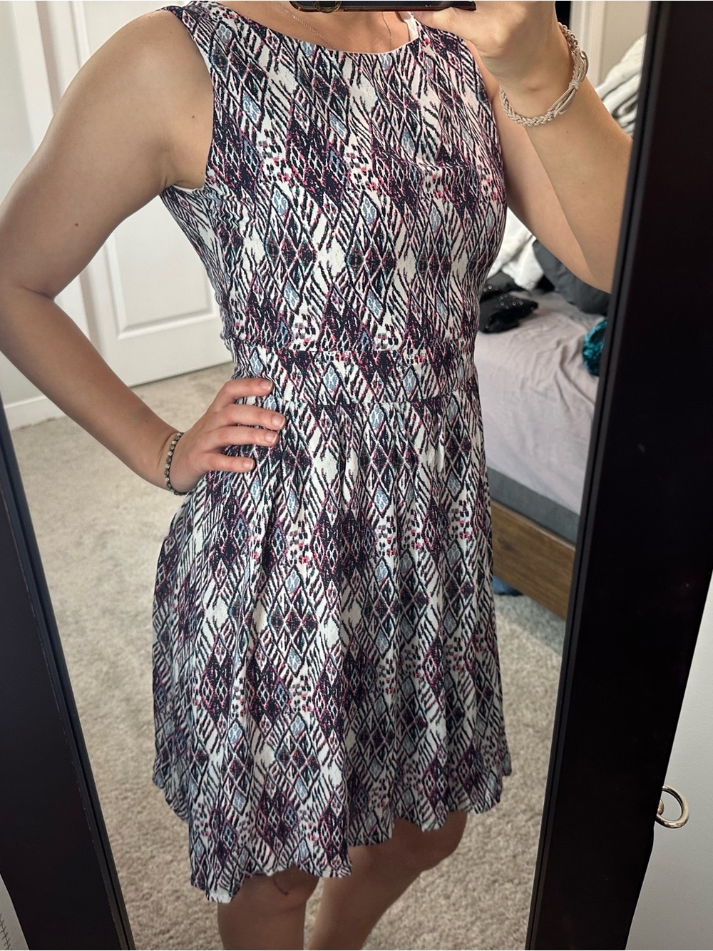 Geometric Printed Fit-and-Flare Dress in White and Purple